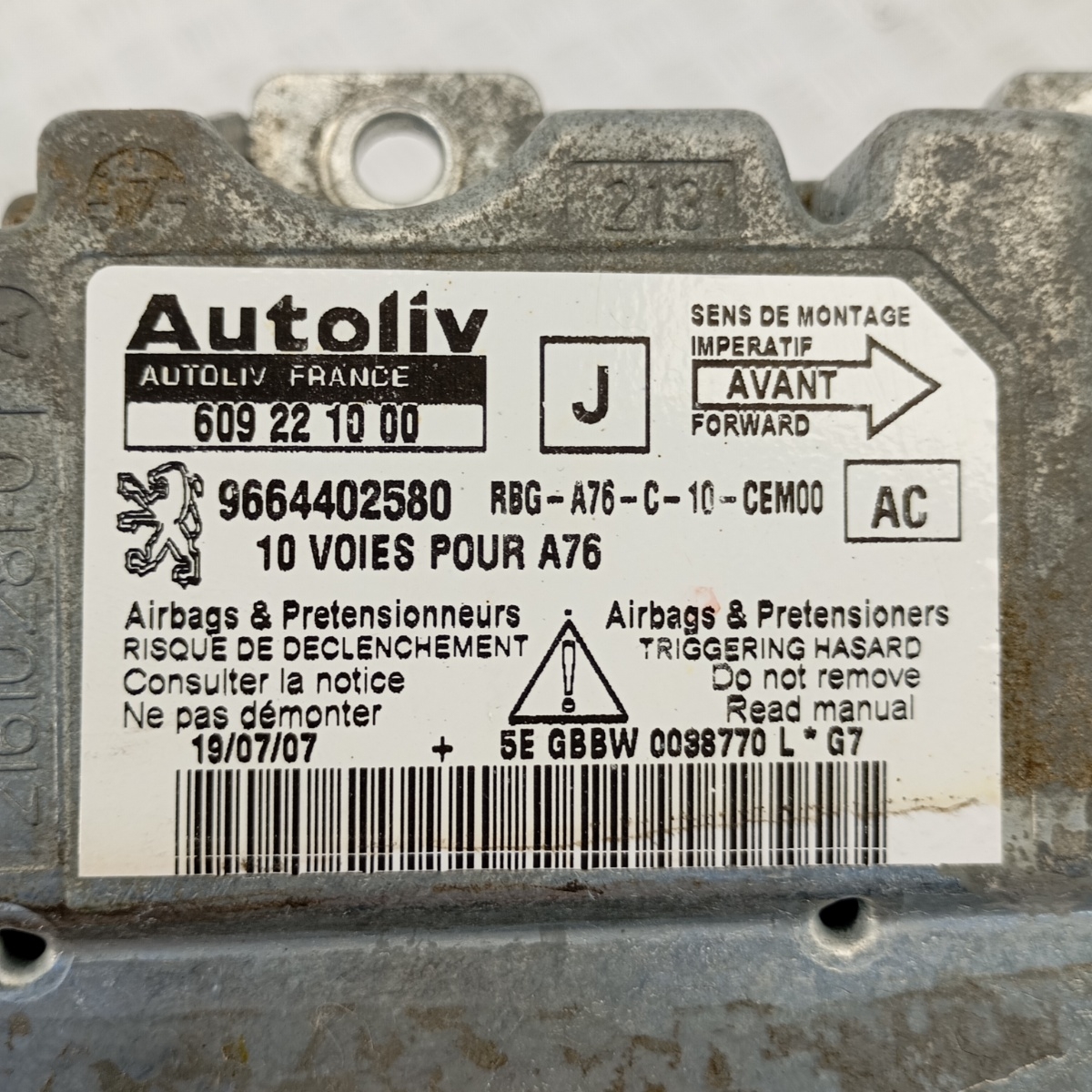 Centralina Airbag Peugeot 207 2006–2012 ECU Autoliv 10 Pin OEM 9664402580 - immagine 4